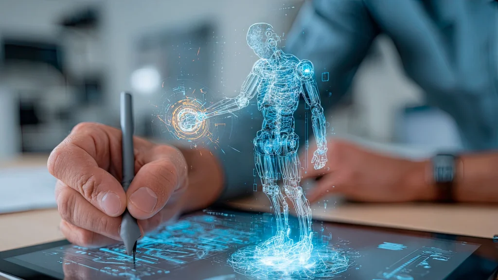 Consultor tecnológico diseñando un modelo de inteligencia artificial sobre una tableta digital.